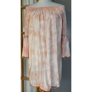 Ace Fashions Off The Shoulder Mini Dress OS Tie Dye Peach Pom Pom Fringes Boho